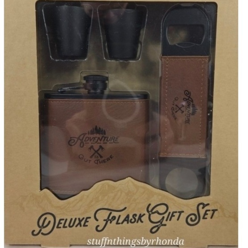 Adventure Out There Deluxe Flask Shot Glass & Bottle Opener Gift Set NIB‎